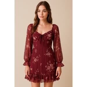 B. Darlin Burgundy Floral Mini Dress Chiffon Romantic Boho Cottagecore Sz 0